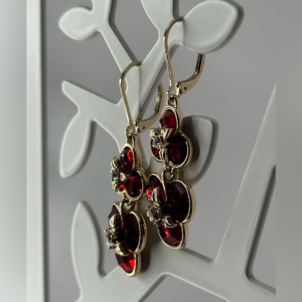 Red and Gold Floral dangle Earrings - Picture 7 of 8